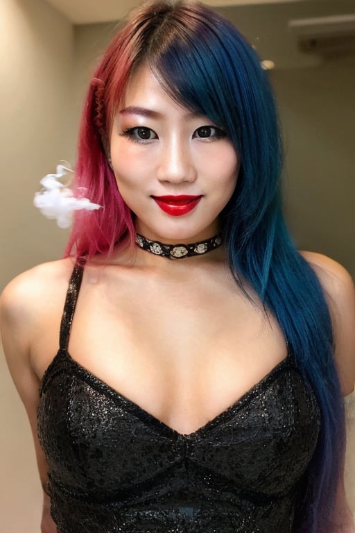 Japanese fashion girl, seductive smile, asuka hairstyle, blue red hair color, long hair, punk girl makeup, asuka face, red lipstick, smoking a cigarette