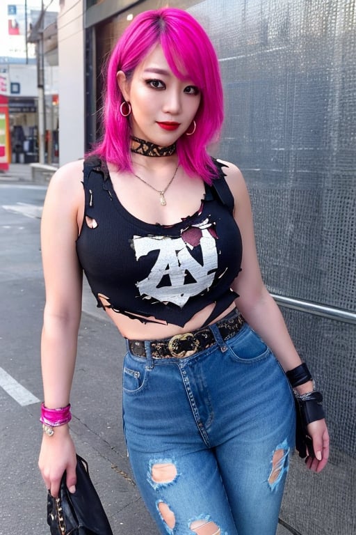 Japanese punk fashion influencer in her 30s standing candidly, defiant pose, she is wearing cool punk clothes, torn jeans, leather bracelerts, waist chain, punk fashion, raw style, punk like make up, large hoop earrings, short hair, Asuka hairstyle, blue pink hair, Sony A7III, aspect ratio 1:2, hyperreal, photorealistic quality, dramatic backlighting, soft shadows, depth of field, ultra clear, UHD drawing