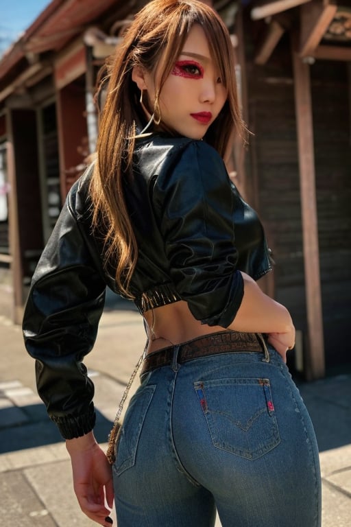 Japanese levi's girl 36 years old standing candidly, flirty pose, she is wearing levi's clothes, levi's ex-boyfriend jacket, jewel bracelerts, waist chain, fashion outfit, raw style, punk like make up, large hoop earrings, long hair, captured from the back, kairi sane hairstyle, blonde hair, Sony A7III, aspect ratio 1:2, hyperreal, photorealistic quality, dramatic backlighting, soft shadows, depth of field, ultra clear, UHD drawing