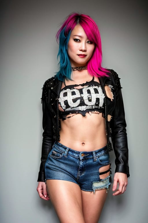 Asuka is a 42 years old punk girl wearing a punk rocker girl attire, tight frayed jeans, short cropped leather jacket, torn shirt, punk rocker girl hairstyle, she is posing for a photoshoot