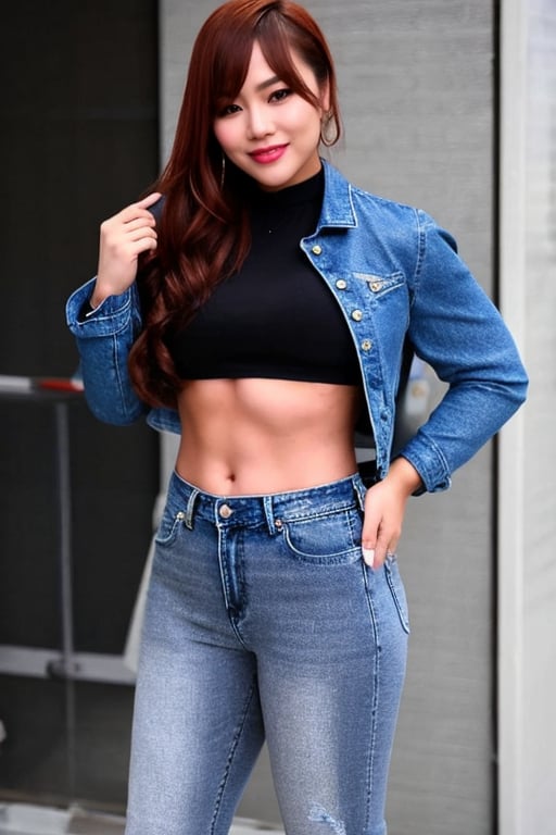 Kairi Sane, she is wearing a provocative and hot outfit, tight jeans, tight and small t-shirt, small denim jacket