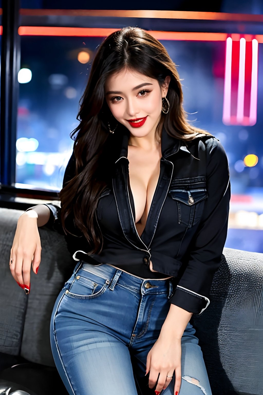 beautiful detailed eyes, tight jeans, cropped denim jacket, make-up, red lips, smiling, posing sexy in a night club and smoking a cigarette, realistic,blackbootsnjeans,cute girl