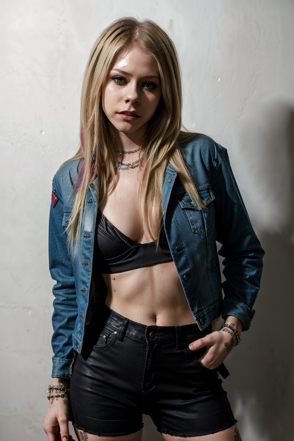 Avril Lavigne, punk girl attire, tight jeans, denim jacket, punk girl makeup, hot dark lips