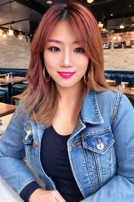 A hot baddie japanese girl is having a date and is flirting with you in a restaurant wanting to be your girlfriend, beautiful detailed eyes, flirty beautiful perfect smile, hot jeans in light blue color, cropped denim jacket, hoop earrings, asuka face, baddie make-up,asuka, full body shot