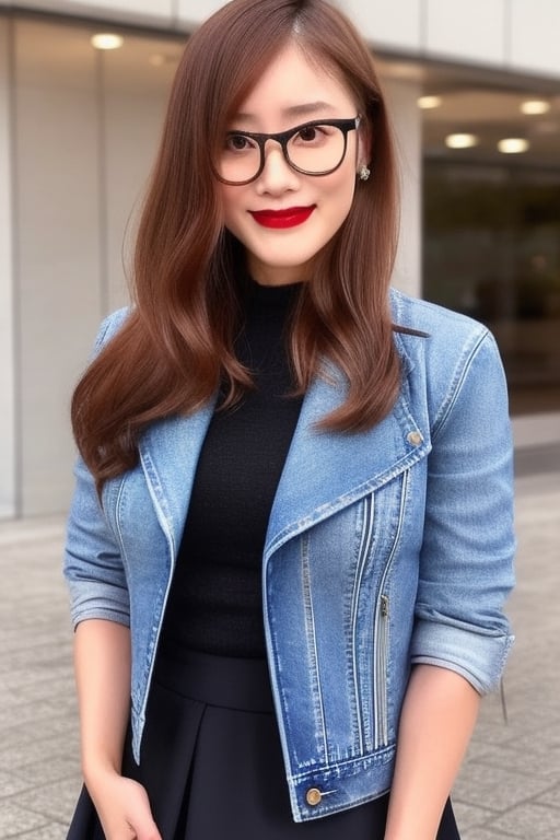 High school teacher japanese girl, sexy denim jacket, long formal black skirt, formal makeup, formal attire, red lips, cute style, she is wearing glasses, kairi sane haircolor, kairi sane face, formal hairstyle,kairisane