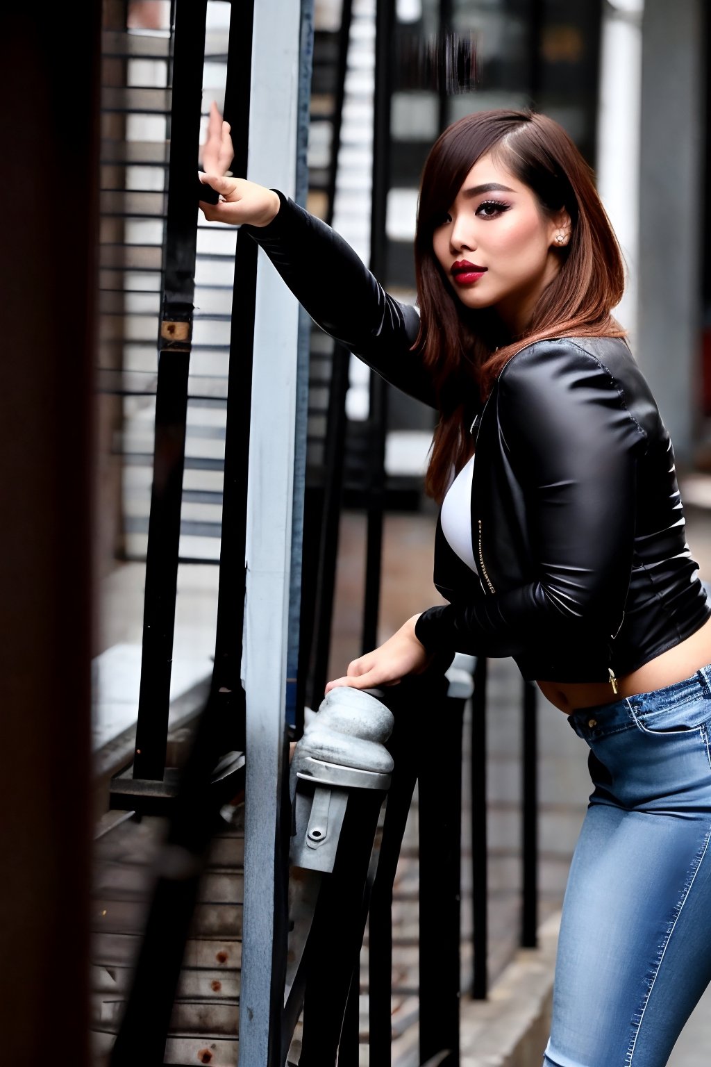 21 years old, beautiful detailed eyes, sexy supermodel detailed makeup, dark lips, kairi sane hairstyle, black eyeshadows, flirty look, tight jeans, denim jacket, Cardi B