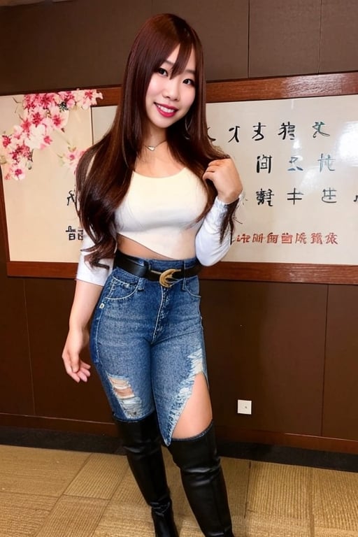 Kairi Sane is a japanese teacher taching her class, she is wearing a formal attire with frayed jeans, long heel boots, black lips, fashion belt,kairisane