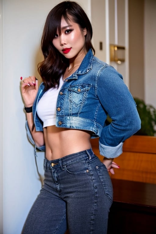 beautiful detailed eyes, tight jeans, tight cropped small denim jacket, sexy girl make-up, dark lips, 35 years old girl, kairi sane is posing very sexy, smoking a cigarette in her apartment,realistic, punk girl hair color,kairisane,1girl