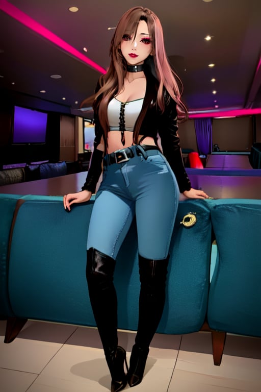 Japanese woman wearing cropped light blue denim jacket and tight light blue jeans, fashion belt, shiny brown long hair with fringe, fashion girl make-up, flirty lips, she is dating with you in a night club, full body shot, high heel boots, 36 years old