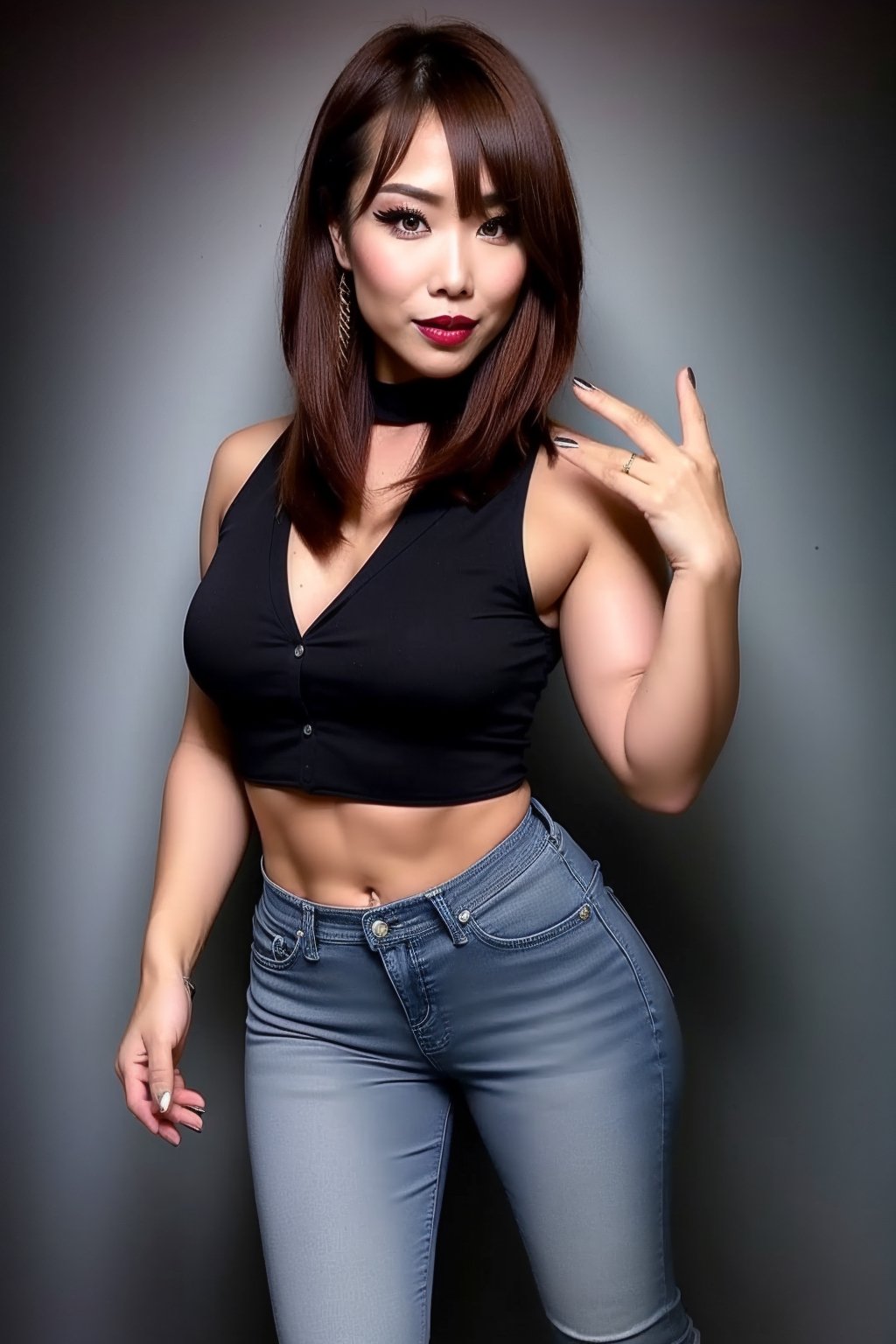 35 years old, slim girl, beautiful detailed eyes, sexy supermodel detailed makeup, dark lips, kairi sane hairstyle, black eyeshadows, flirty look, blue jeans, denim jacket,kairisane