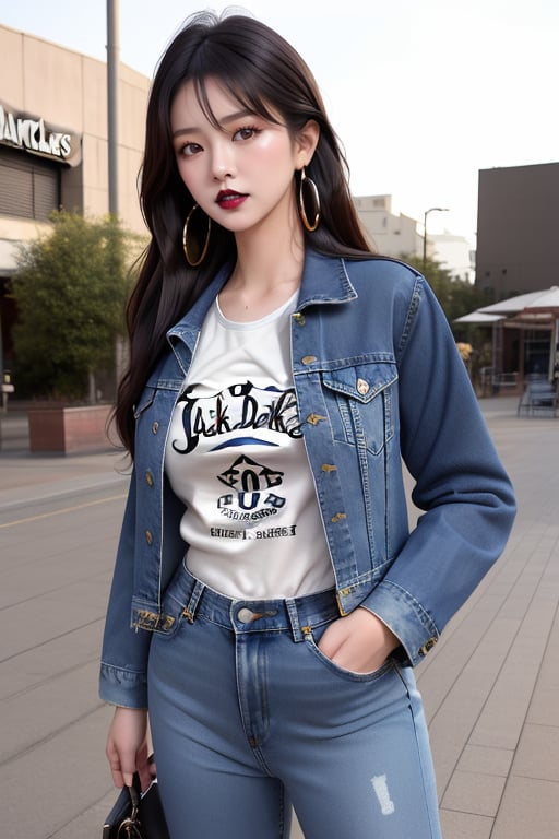 supermodel asian girl, 19 years old, beautiful detailed eyes, t, make-up, dark lips, posing sexy, 80s hairstyle, loose 80s levis jeans type, jack daniels t-shirt resemble, 80s levi's denim jacket type in very strong acid wash blue color, large hoop earrings