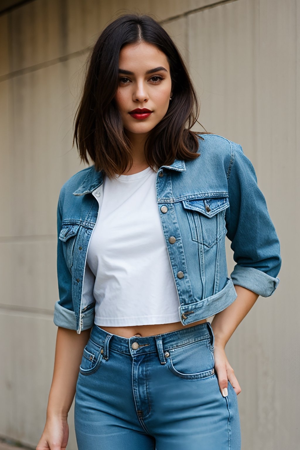 beautiful face, hot dark lips, wearing cropped denim jacket and tight levis jeans in light blue color