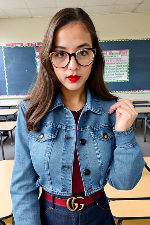 High school teacher girl, sexy denim jacket, jeans, gucci belt, formal makeup, formal attire, red lips, cute style, she is wearing glasses, formal hairstyle, she is posing sexy inside her classroom,JeeSoo 