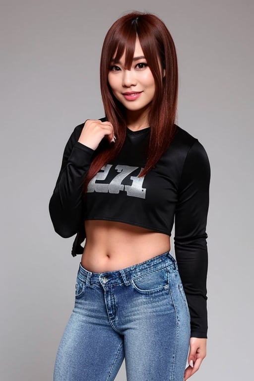 Kairi Sane, she is wearing jeans, cropped denim jacket and a sexy t-shirt