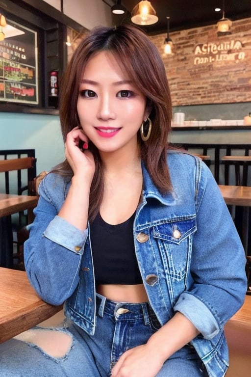 A hot baddie japanese girl is having a date and is flirting with you in a restaurant wanting to be your girlfriend, beautiful detailed eyes, flirty beautiful perfect smile, hot jeans in light blue color, cropped denim jacket, hoop earrings, asuka face, baddie make-up,asuka, full body shot