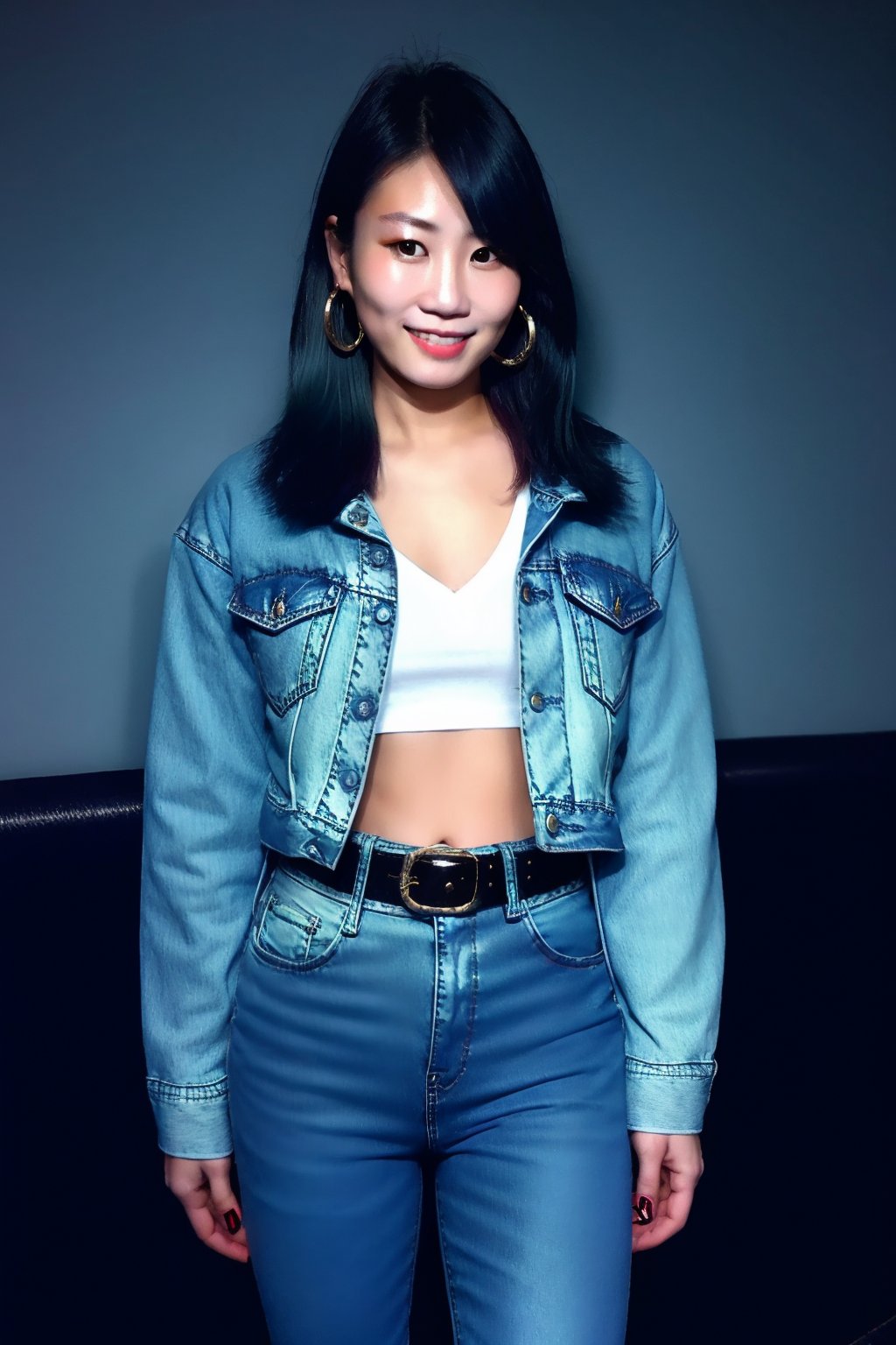 Japanese woman wearing cropped light blue denim jacket and tight light blue jeans, 19 years old, punk belt, fashion girl make-up, big hoop earrings, flirty lips, smile, she is dating with you in a night club