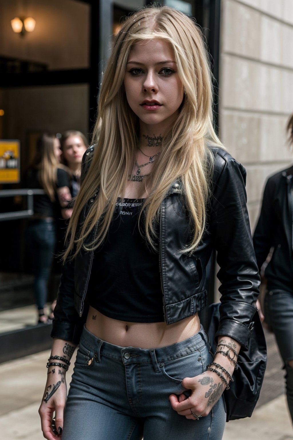 Avril Lavigne, punk girl attire, tight jeans, cropped and tight jean jacket, Avril Lavigne makeup, hot dark lips, punk girl hairstyle