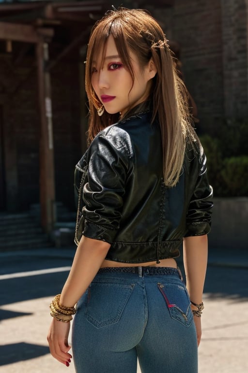 Japanese levi's girl 36 years old standing candidly, flirty pose, she is wearing levi's clothes, levi's ex-boyfriend jacket, jewel bracelerts, waist chain, fashion outfit, raw style, punk like make up, large hoop earrings, long hair, captured from the back, kairi sane hairstyle, blonde hair, Sony A7III, aspect ratio 1:2, hyperreal, photorealistic quality, dramatic backlighting, soft shadows, depth of field, ultra clear, UHD drawing