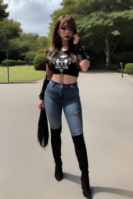 Japanese onlyfans model woman posing in a park, 36 years old, dark lips, kairi sane hairstyle, typical fashion model woman outfit, large hoop earrings, sexy t-shirt, punk girl makeup, full body shot, slim girl, sexy body, long nails,sexy jeans,Sexy Pose,blackbootsnjeans,1 girl 