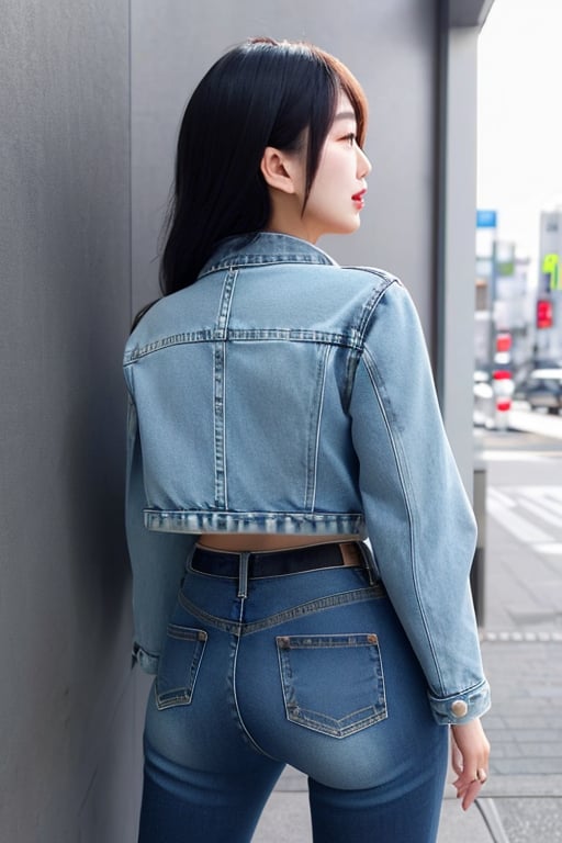 Japanese fashion influencer in her 20s standing candidly, natural pose, fitted jeans, cropped denim jacket, captured from the back, raw style, Sony A7III, aspect ratio 1:2, hyperreal, photorealistic quality, dramatic backlighting, soft shadows, depth of field, ultra clear, UHD drawing