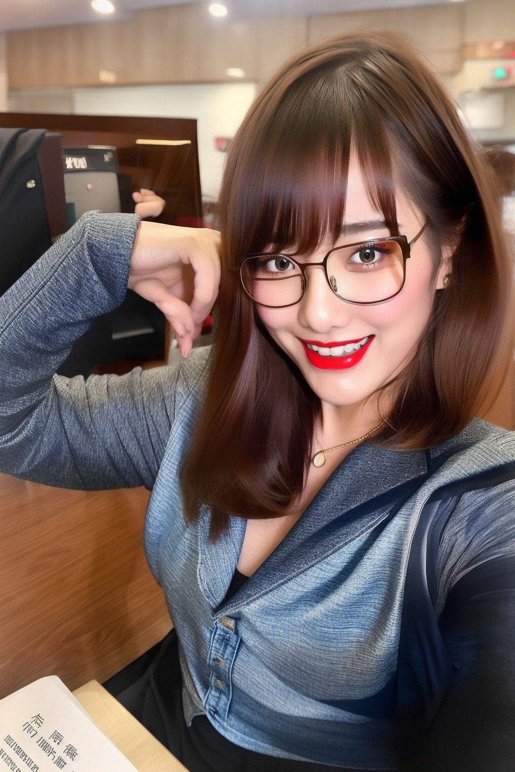 High school teacher japanese girl, sexy denim jacket, long formal black skirt, formal makeup, formal attire, red lips, cute style, she is wearing glasses, kairi sane haircolor, kairi sane face, formal hairstyle, she is posing so sexy in her desk,kairisane