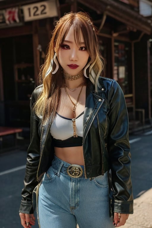 Japanese levi's girl 36 years old standing candidly, flirty pose, she is wearing levi's clothes, jewel bracelerts, waist chain, fashion outfit, levi's denim jacket ex-boyfriend type, raw style, punk like make up, large hoop earrings, long hair, kairi sane hairstyle, blonde hair, Sony A7III, aspect ratio 1:2, hyperreal, photorealistic quality, dramatic backlighting, soft shadows, depth of field, ultra clear, UHD drawing