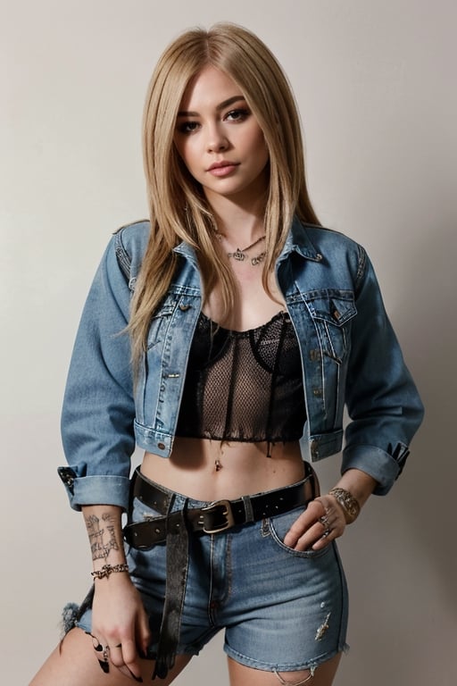 Avril Lavigne in her young years, she is wearing a rebel girl attire with frayed jeans, cropped frayed denim jacket, fashion belt, she poses sexy and smokes a cigerette at the same time