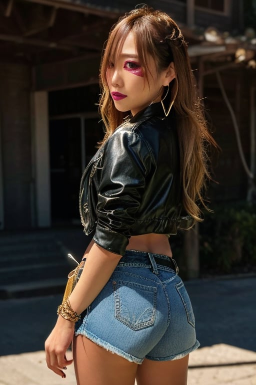 Japanese levi's girl 36 years old standing candidly, flirty pose, she is wearing levi's clothes, levi's ex-boyfriend jacket, jewel bracelerts, waist chain, fashion outfit, raw style, punk like make up, large hoop earrings, long hair, captured from the back, kairi sane hairstyle, blonde hair, Sony A7III, aspect ratio 1:2, hyperreal, photorealistic quality, dramatic backlighting, soft shadows, depth of field, ultra clear, UHD drawing