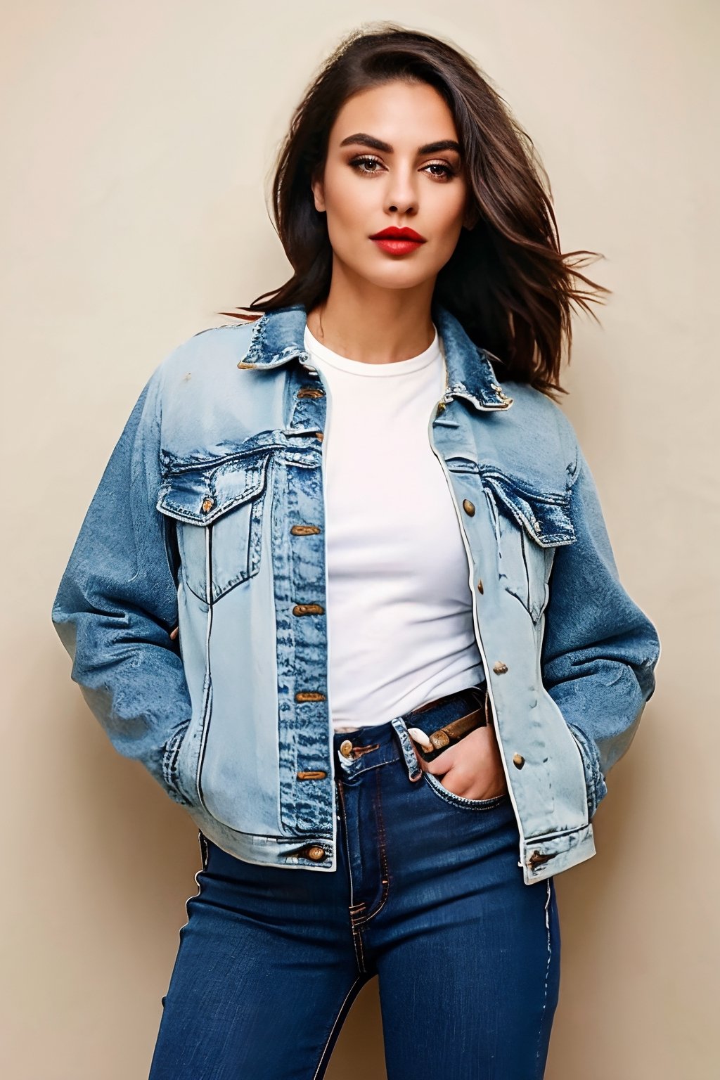 beautiful face, hot red lips, wearing cropped denim jacket and tight levis jeans in light blue color,blackbootsnjeans,Sexy Pose