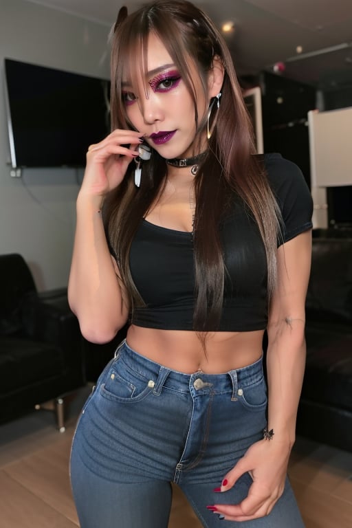 Japanese onlyfans model woman, 36 years old, dark lips, kairi sane hairstyle, typical fashion model woman outfit, large hoop earrings, low-cut t-shirt, punk girl makeup, full body shot, slim girl, sexy body, long nails,sexy jeans,Sexy Pose,blackbootsnjeans,1 girl 