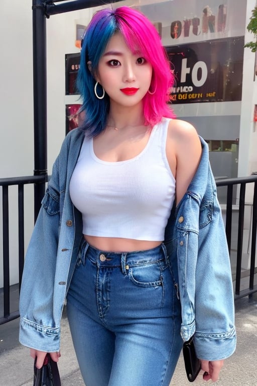 Japanese fashion influencer in her 18s standing candidly, natural pose, tight jeans, cropped fitted acid wash pattern denim jacket, raw style, red lips, black eyeshadows, large hoop earrings, short hair, Asuka hairstyle, blue pink hair, Sony A7III, aspect ratio 1:2, hyperreal, photorealistic quality, dramatic backlighting, soft shadows, depth of field, ultra clear, UHD drawing