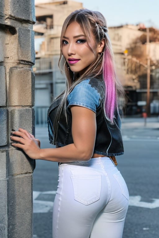 American fashion influencer resembling a hybrid of Kairi Sane and Alexa Bliss in her 22s standing candidly outside, sexy pose, white t-shirt, tight levis jeans acid wash color, levis acid wash light blue denim jacket, captured from the back raw style, fashion lips, hybrid hairstyle, black eyeshadows, large hoop earrings, flirty smile, Sony A7III, aspect ratio 1:2, hyperreal, photorealistic quality, dramatic backlighting, soft shadows, depth of field, ultra clear, UHD drawing