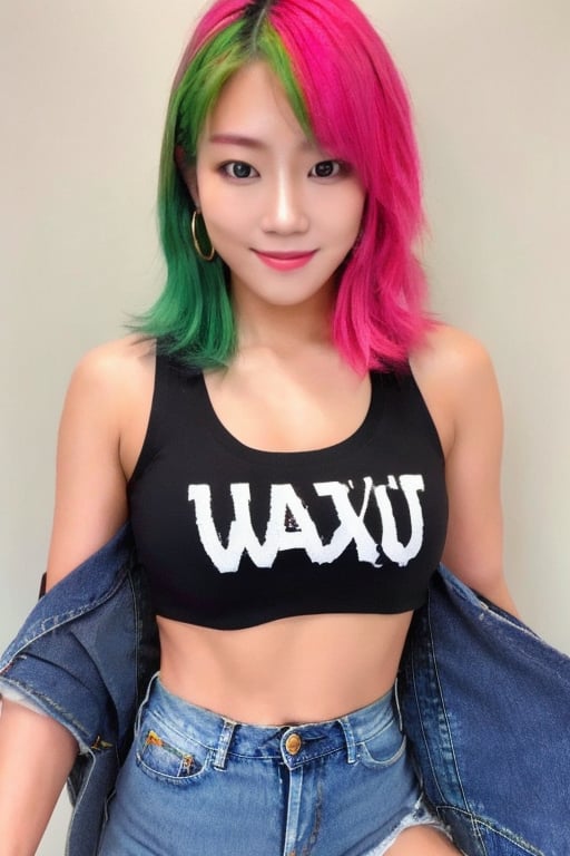 Asuka is a supermodel girl flirting with you, 17 years old, smiling flirty, hoop earrings, slim body, asuka hair style, pink green hair, she is wearing tight levi's jeans and a sexy cropped t-shirt