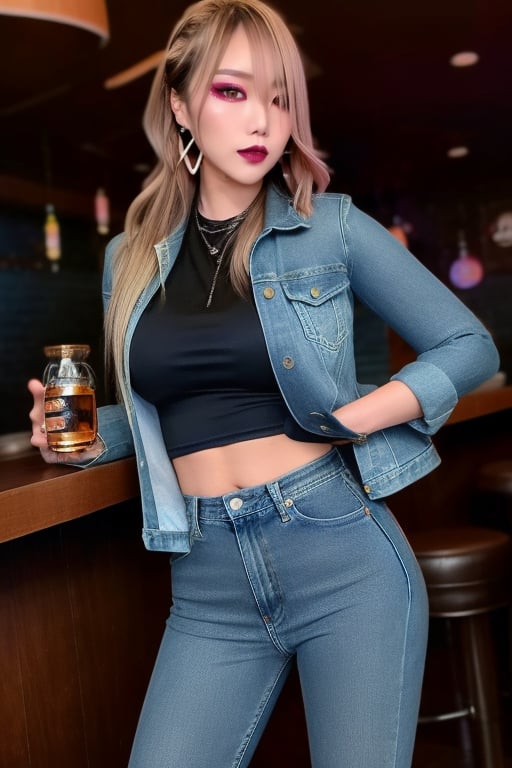 supermodel asian girl, 29 years old, beautiful detailed eyes, make-up, dark lips, posing sexy, full body shot in a bar drinking a whisky, kairi sane hairstyle blonde hair, loose 80s levis jeans type, jack daniels t-shirt resemble, fitted levi's denim jacket type in very strong acid wash blue color, large hoop earrings