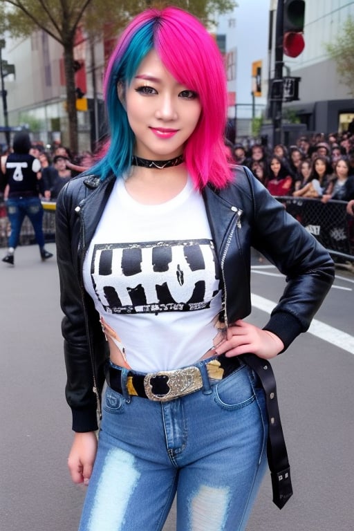 hot japanese girl, she is a repeat offender criminal, 39 years old, torn jeans, biker jacket and Ramones t-shirt, punk fashion belt, asuka make-up, asuka face, asuka hairstyle, blue pink hair color, smiling flirty and provocatively, posing defiant, realistic, full body shot,hot girl