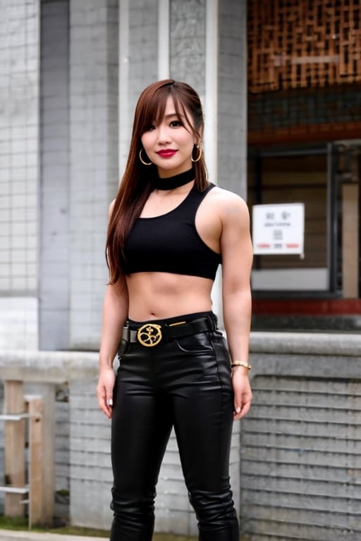 Kairi Sane is a japanese college student, she is wearing a rebel attire, skinny_jeans, small heel boots, black lips, fashion belt, hoop earrings,kairisane