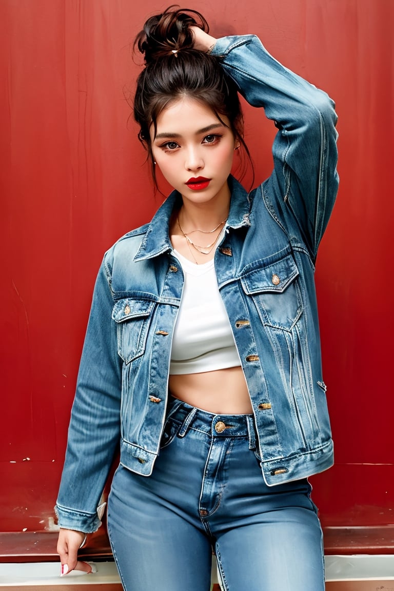 beautiful detailed eyes, tight jeans, cropped denim jacket, rebel girl hairstyle, rebel girl makeup, red lips, full body shot