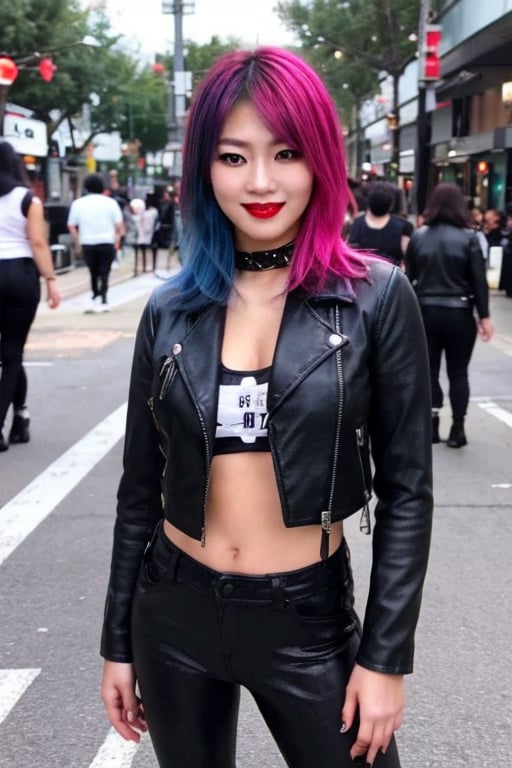 Japanese rebel criminal girl, 17 years old, smile, dark lips, rebel look, punk girl hairstyle, she is staring at the street with her friends, cropped leather jacket, tight leather pants punk girl makeup, full body shot, slim girl, sexy body