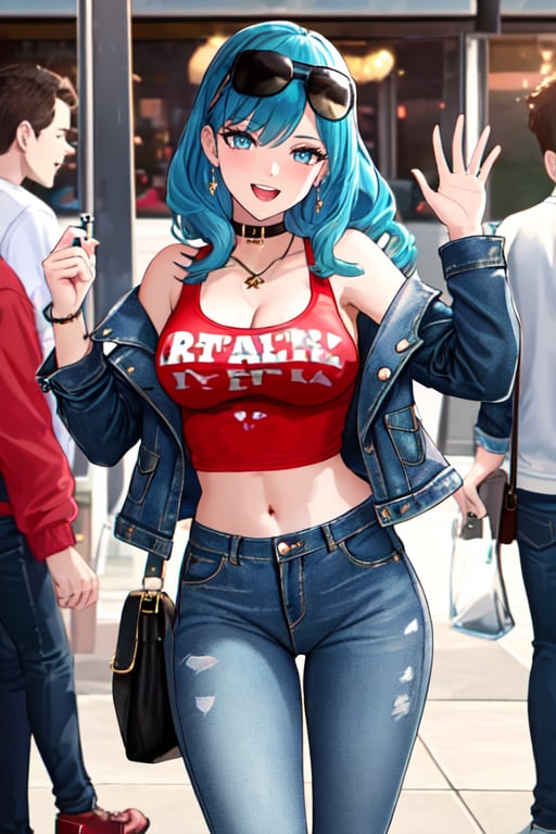 Bad and rebel girl having a good time in a party, she is wearing a rebel and bad girl outfit with jeans and a denim jacket