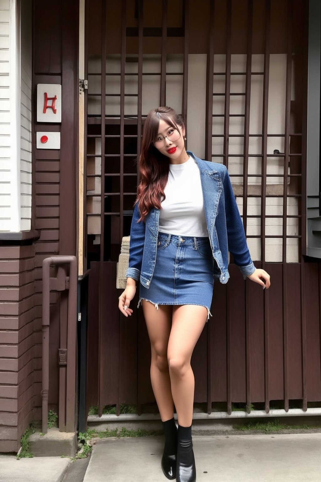 High school teacher japanese girl, sexy denim jacket, long formal black skirt, formal makeup, formal attire, red lips, cute style, she is wearing glasses, kairi sane haircolor, kairi sane face, formal hairstyle,kairisane