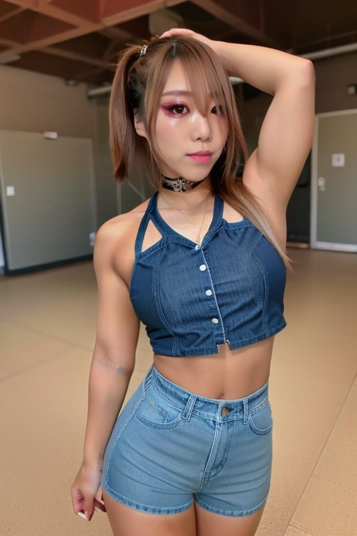 High school japanese girl, denim hot pants, cute style, kairi sane face, kairi sane hairstyle, kairi sane makeup