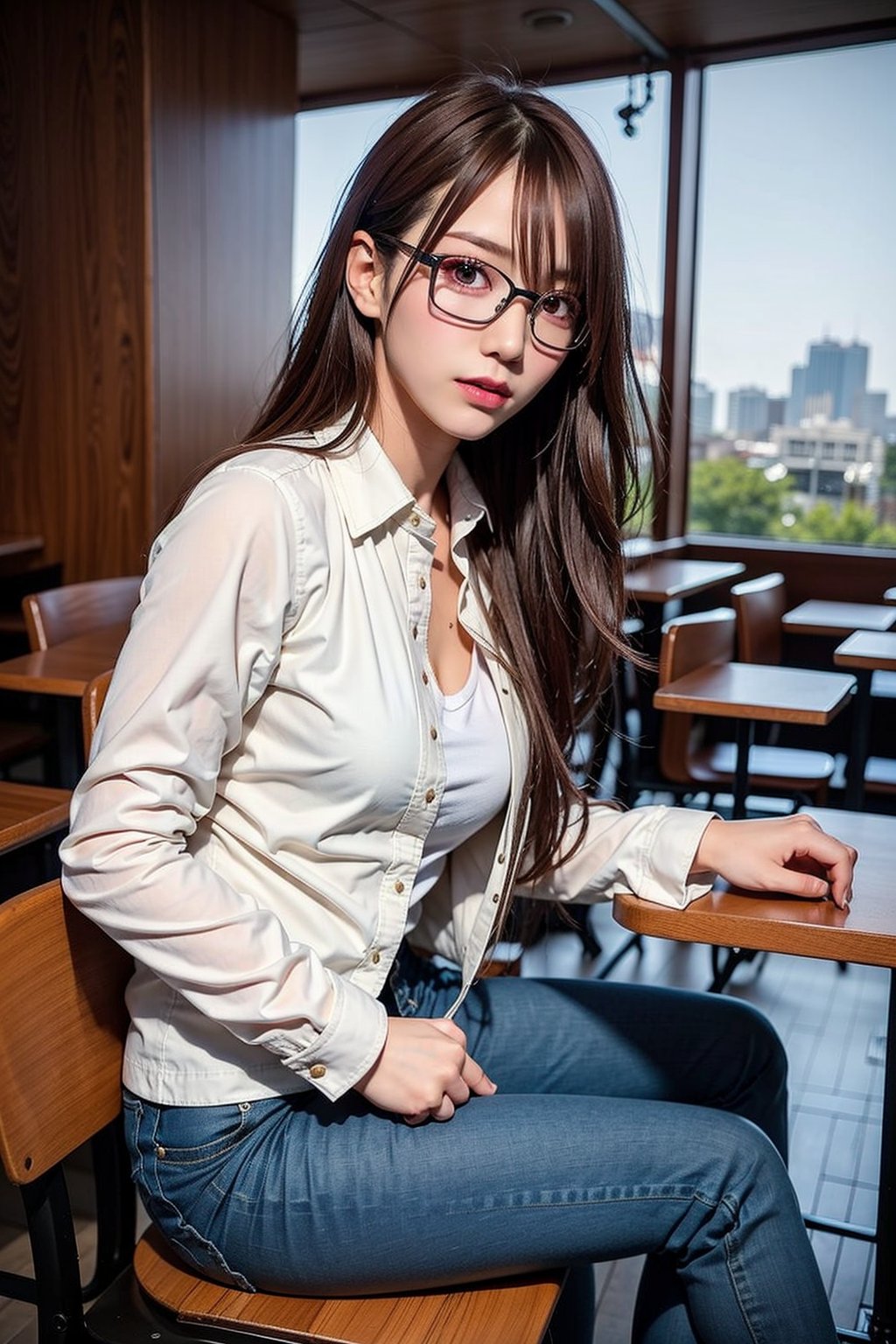 1girl, solo, long hair, looking at the viewer, brown hair, shirt, long sleeves, brown eyes, sitting, white shirt, outdoors, glasses, realistic, the image of a Japanese female, high quality, 8K Ultra HD, photorealistic has a fully detailed mature face, Realistically not Ai, 36D, NATURAL, charming, detailed face, a teacher wearing a sexy dress with jeans jacket, with long legs and stocking, sexy pose in the restaurant.