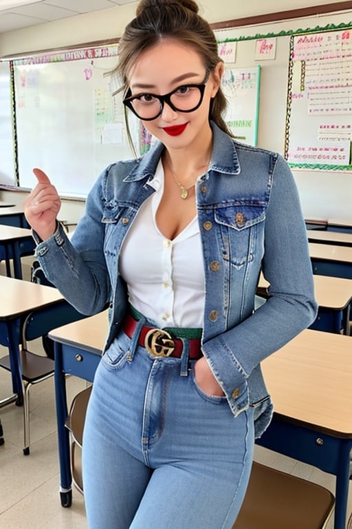 High school teacher girl, sexy denim jacket, jeans, gucci belt, formal makeup, formal attire, red lips, cute style, she is wearing glasses, formal hairstyle, she is posing sexy inside her classroom,JeeSoo ,bzsohee,blackbootsnjeans