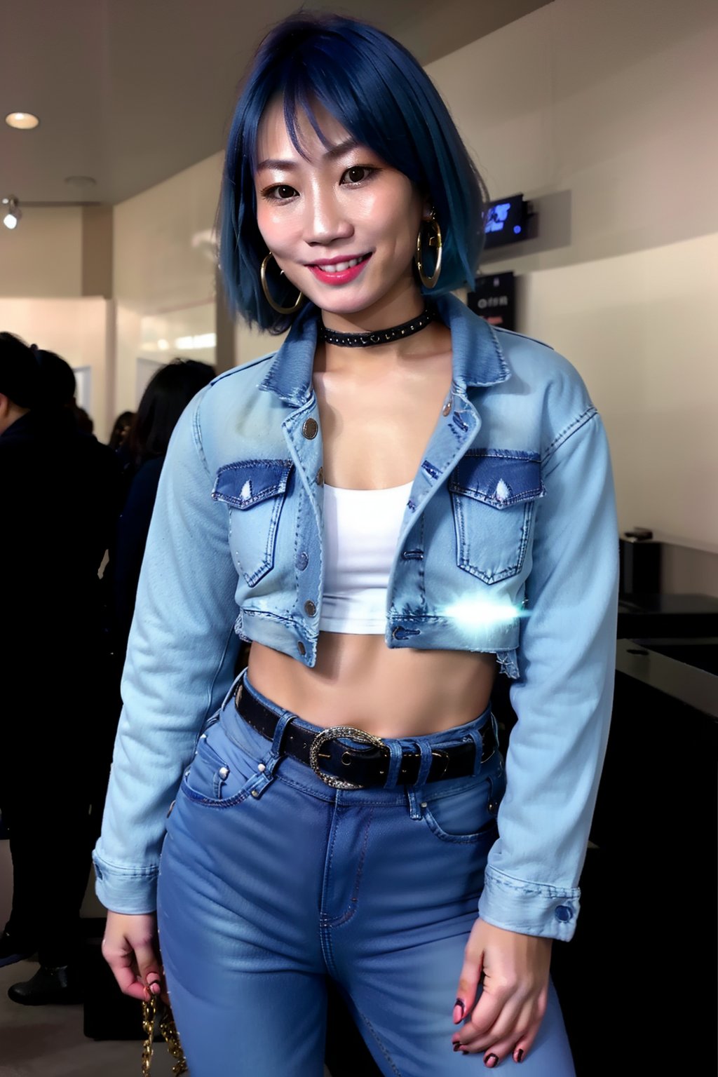 Japanese woman wearing cropped light blue denim jacket and tight light blue jeans, 19 years old, punk belt, fashion girl make-up, big hoop earrings, flirty lips, smile, she is dating with you in a night club, short hair