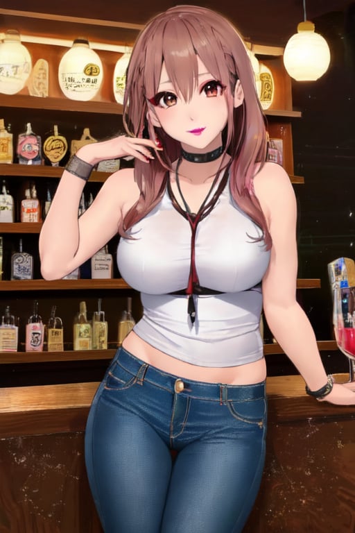 Japanese female night girl, she is a bad girl, hot makeup, red lips, teacher fashion style, hot jeans, kairi sane face, kairi sane hairstyle, she is posing sexy and sugestive in a bar,kairisane