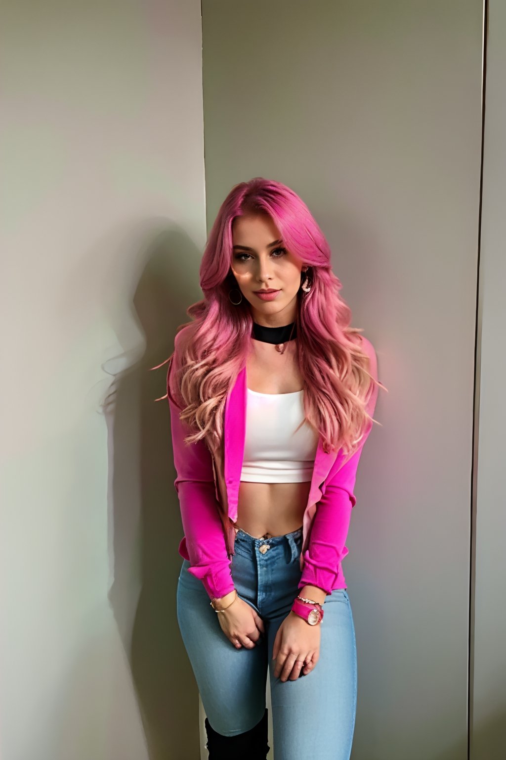 pink hair, long hair with ponytail and fringe, beautiful face, onlyfans model, hot pink lips, pink eyeshadow, wearing cropped denim jacket and tight levis jeans in light blue color,blackbootsnjeans, white girl