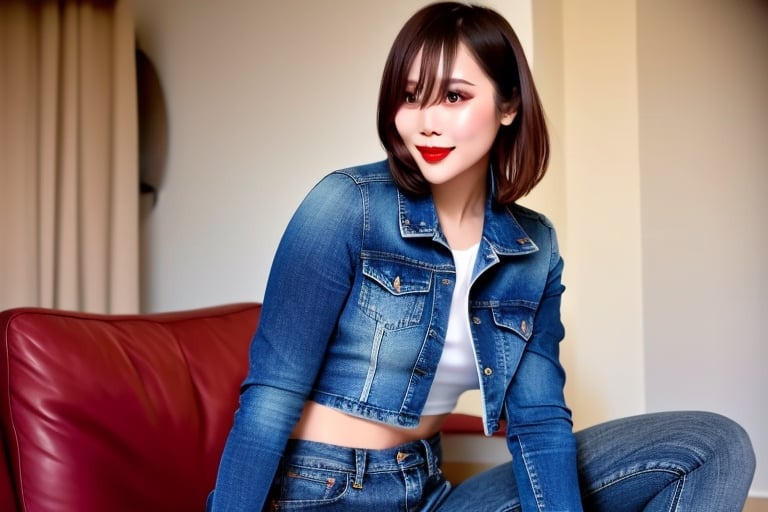 beautiful detailed eyes, tight jeans, tight cropped small denim jacket, punk girl make-up, red lips, posing very sexy and flirting in her apartment, realistic, kairi sane hairstyle, kairi sane face, slender body