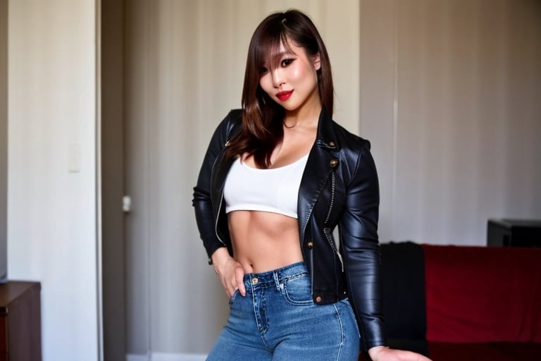 sexy asian girl, beautiful detailed eyes, tight jeans, tight cropped small denim jacket, sexy girl make-up, dark lips, kairi sane is posing very sexy and smoking a cigarette in her apartment, realistic, punk girl hair color,kairisane