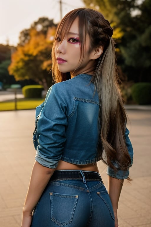 A young japanese girl poses sexy, she is wearing frayed jeans paired with a crop top and crop denim jacket, captured through a 35mm lens set to f/2.8 aperture, ISO 500, illuminated by the soft glow of an off-camera flash, shallow depth of field, background bokeh, natural light, golden hour, high-resolution digital photography, kairi sane hairstyle, kairi sane face, kairi sane makeup