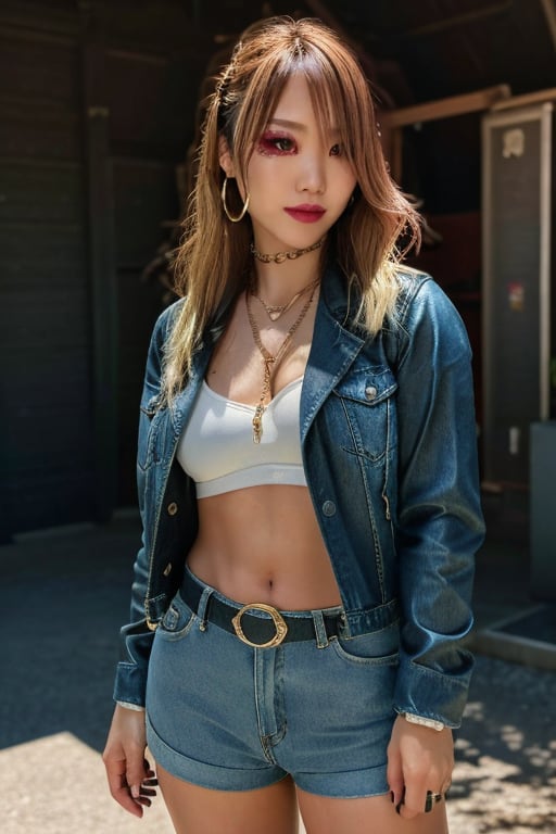 Japanese levi's girl 36 years old standing candidly, flirty pose, she is wearing levi's clothes, jewel bracelerts, waist chain, fashion outfit, levi's denim jacket ex-boyfriend type, raw style, punk like make up, large hoop earrings, long hair, kairi sane hairstyle, blonde hair, Sony A7III, aspect ratio 1:2, hyperreal, photorealistic quality, dramatic backlighting, soft shadows, depth of field, ultra clear, UHD drawing